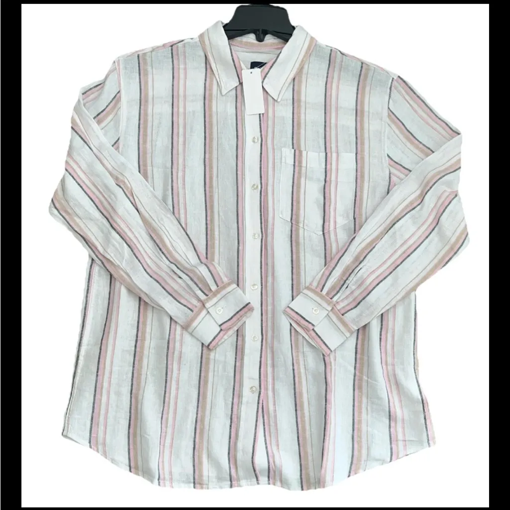Gap Linen Shirt Women Med Pink Gray Stripe Button LSleeve Linen Blend NWT - Image 2