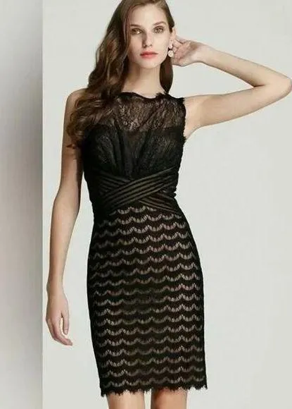 Tadasho Shoji | 4 | Black Nude Lace Cocktail Sheath Dress Short Bodycon Fitted - Image 1