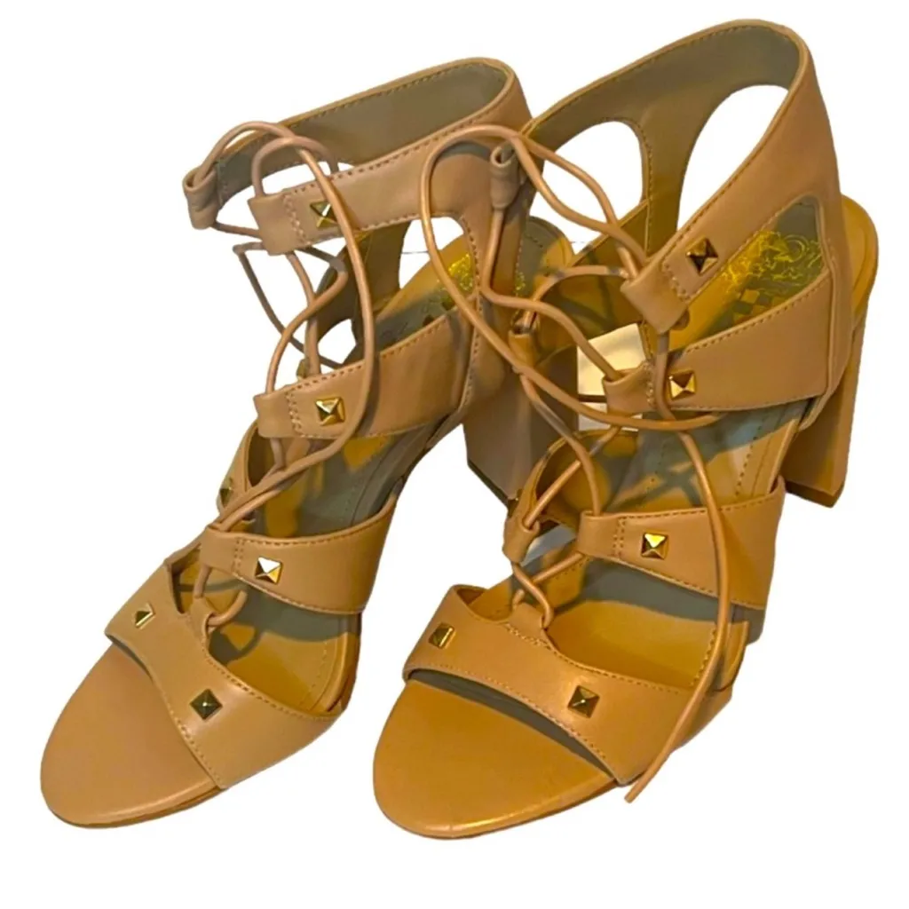 Vince Camuto Women's Meadow Lace Up Sandal Block Heel Studded Beige - Image 13