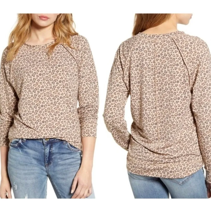 CASLON Animal Print Leopard Sweater Women's XS Tan Boho Hippie Preppy Classic - Image 2