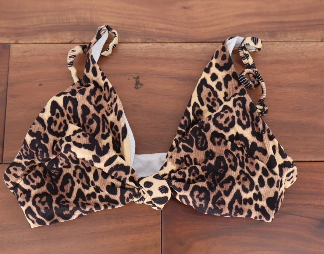 ASOS DESIGN M&M Rib Knot Crop Bikini Leopard Print UK 8 US 4 Brown Size undefined - Image 1