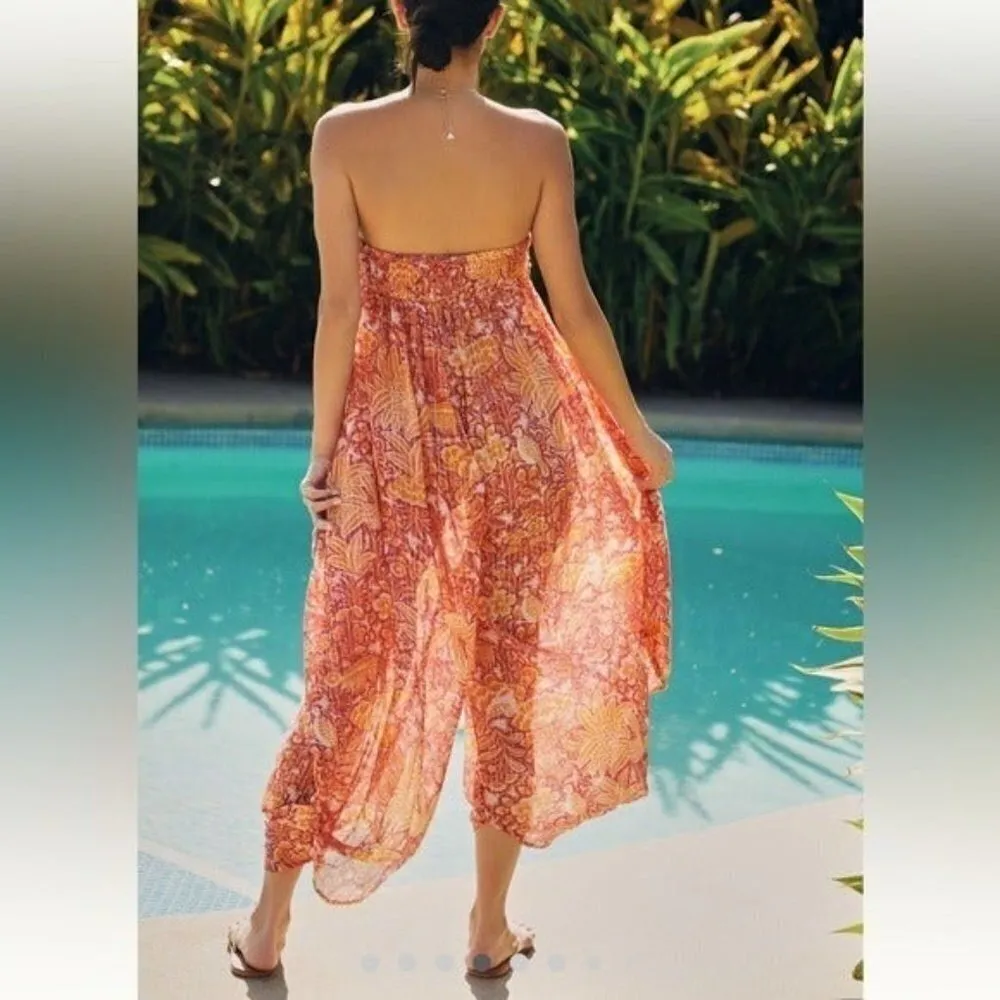 ANTHROPOLOGIE Harem Sleeveless Jumpsuit  Mutil Orange Floral Boho Size XL NEW - Image 9