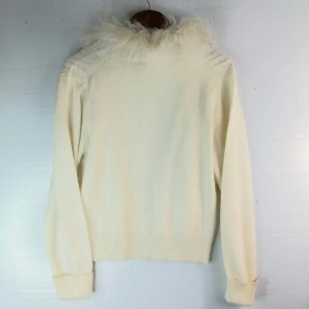 Elegant M Cable Knit Cream Cardigan Sweater with Alpaca Fur Collar Size M - Image 3