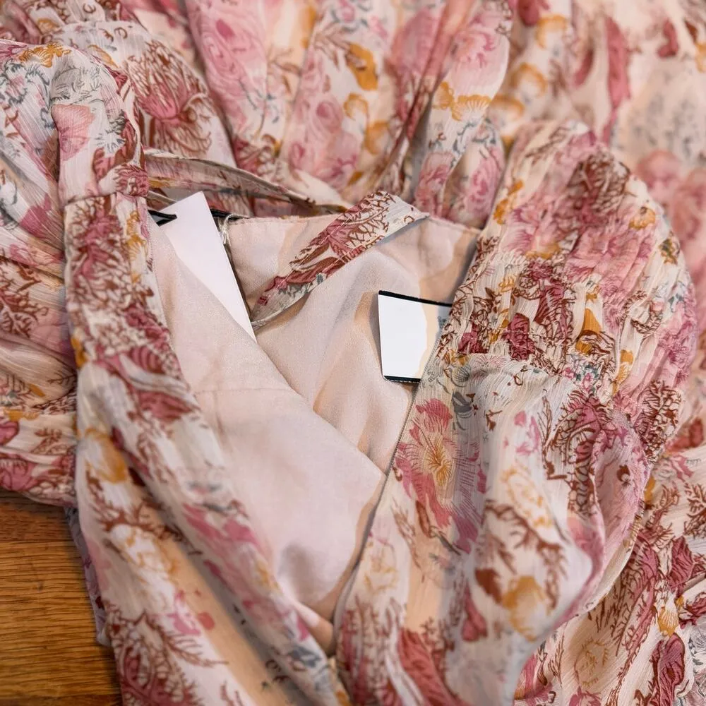 Floret Studios Women XS Taupe Mauve Cottage Fairy Floral Long Dress Romantic New Pink - Image 9