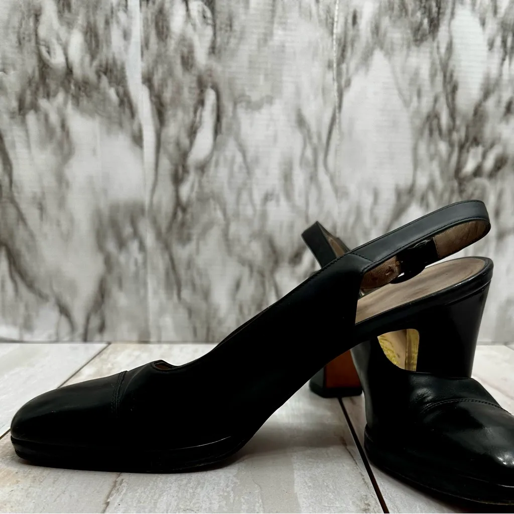 Salvatore Ferragamo Black Leather Slingback Block Heels Office Siren Classic Vtg - Image 7