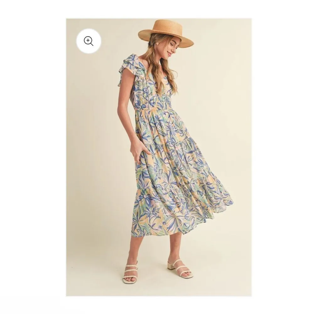 &merci Love Forever Floral Print Cut Out Back Midi Dress Blue Multi M - Image 4