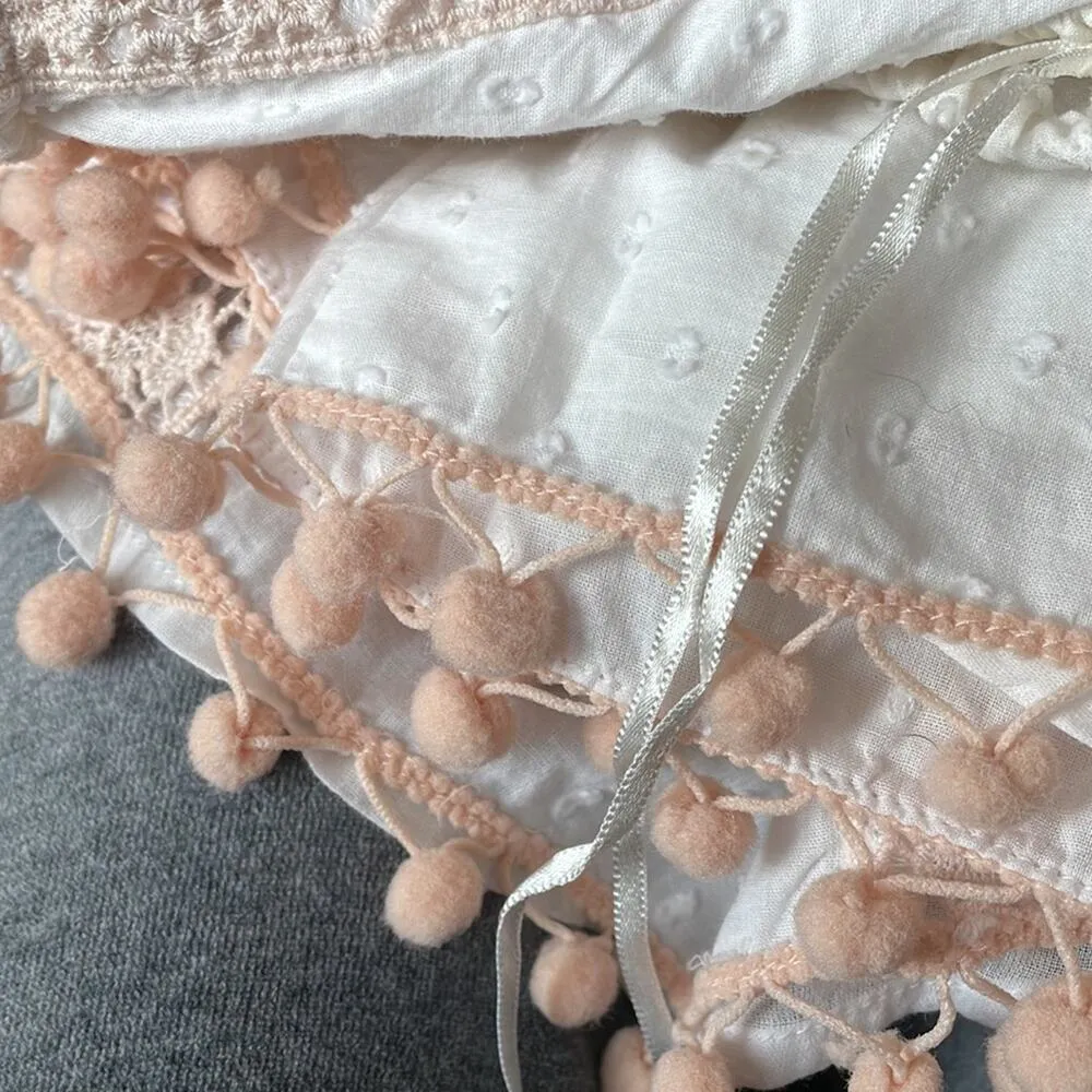 Tularosa White Off-Shoulder Crochet inlay Pom Hem Oversized Lined Eyelet Top M - Image 10