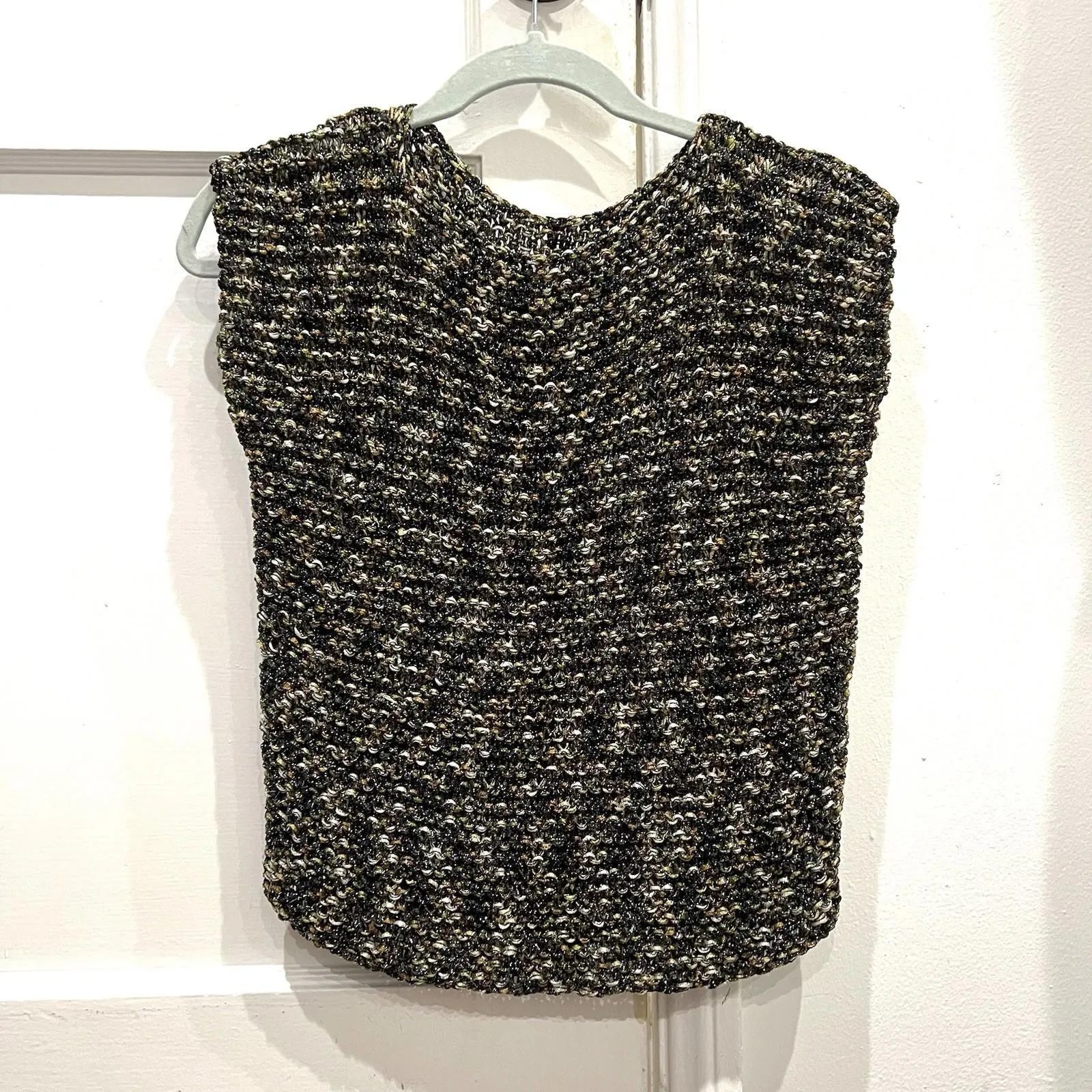 VINTAGE Knit Sweater Vest Sleeveless Top Boucle Tweed Metallic S/M Black Gold Size M - Image 3