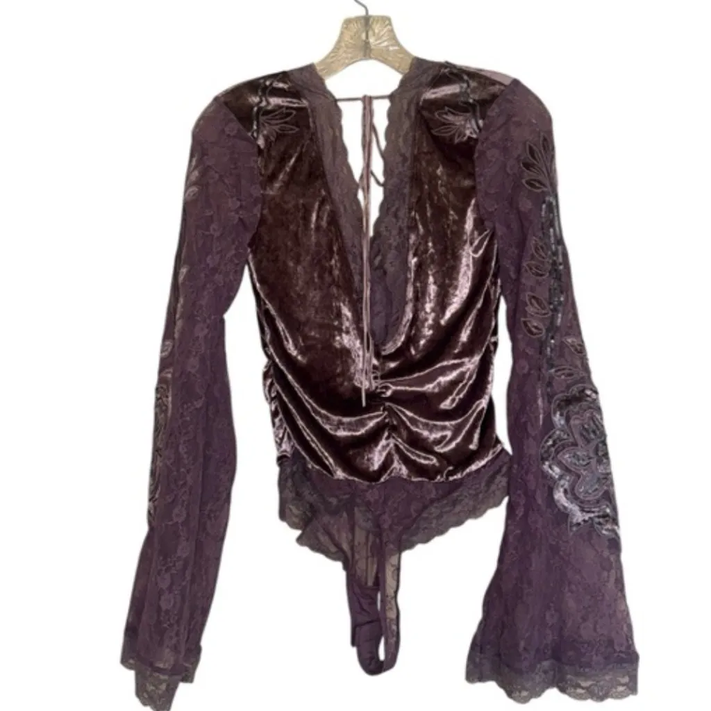 NWOT FREE PEOPLE MOVEMENT Night Owl Bodysuit Purple Velvet Trim Lace - Image 7