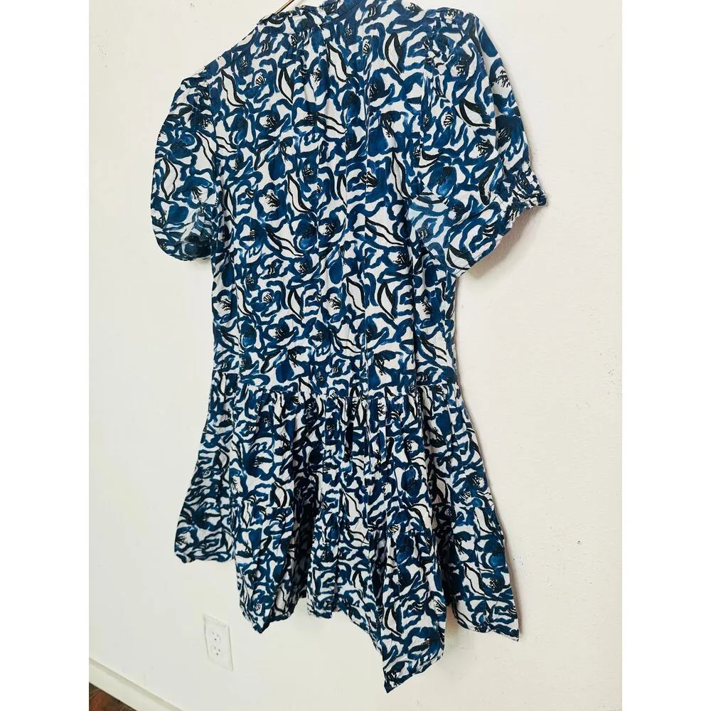 APIECE APART Blue White Floral Cotton Las Alturas Mini Dress Size Medium - Image 4