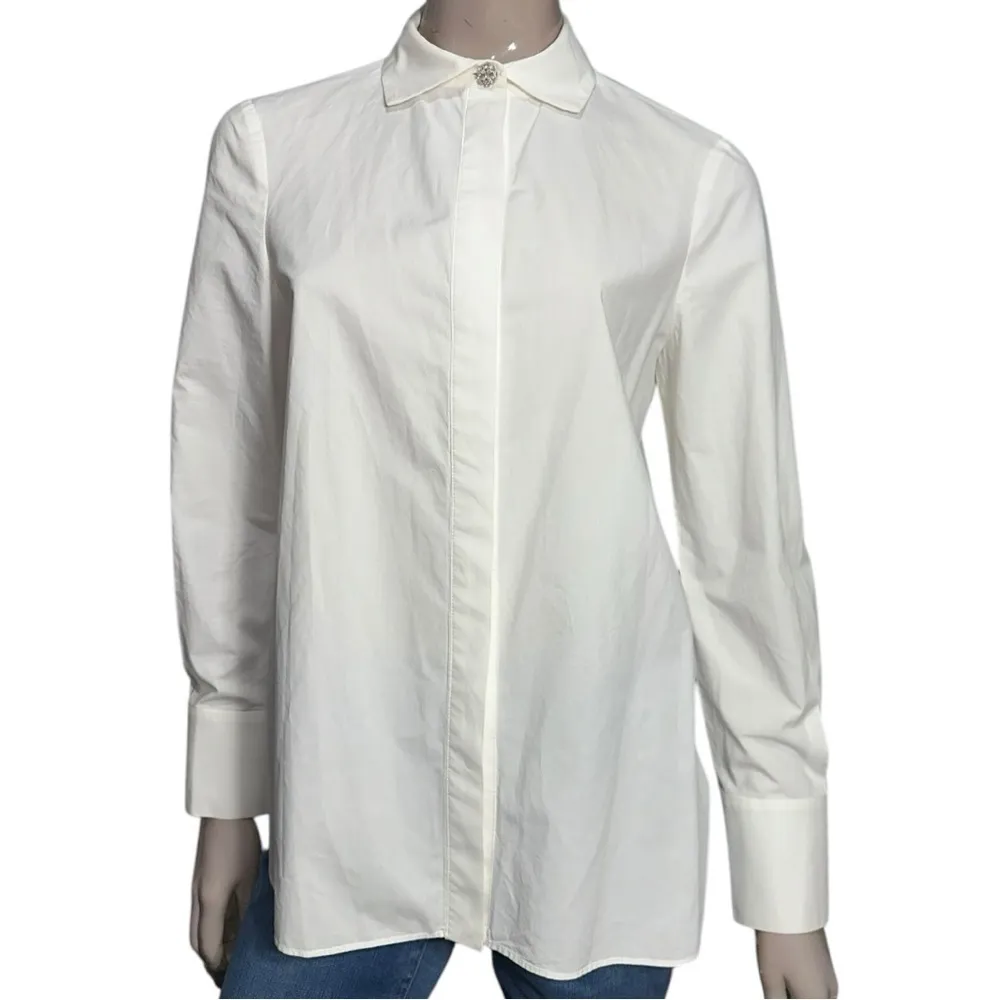 Tara Jarmon Women’s 40 M White Crystal Embellished Neck Cuffs Button Up Shirt Size M - Image 4