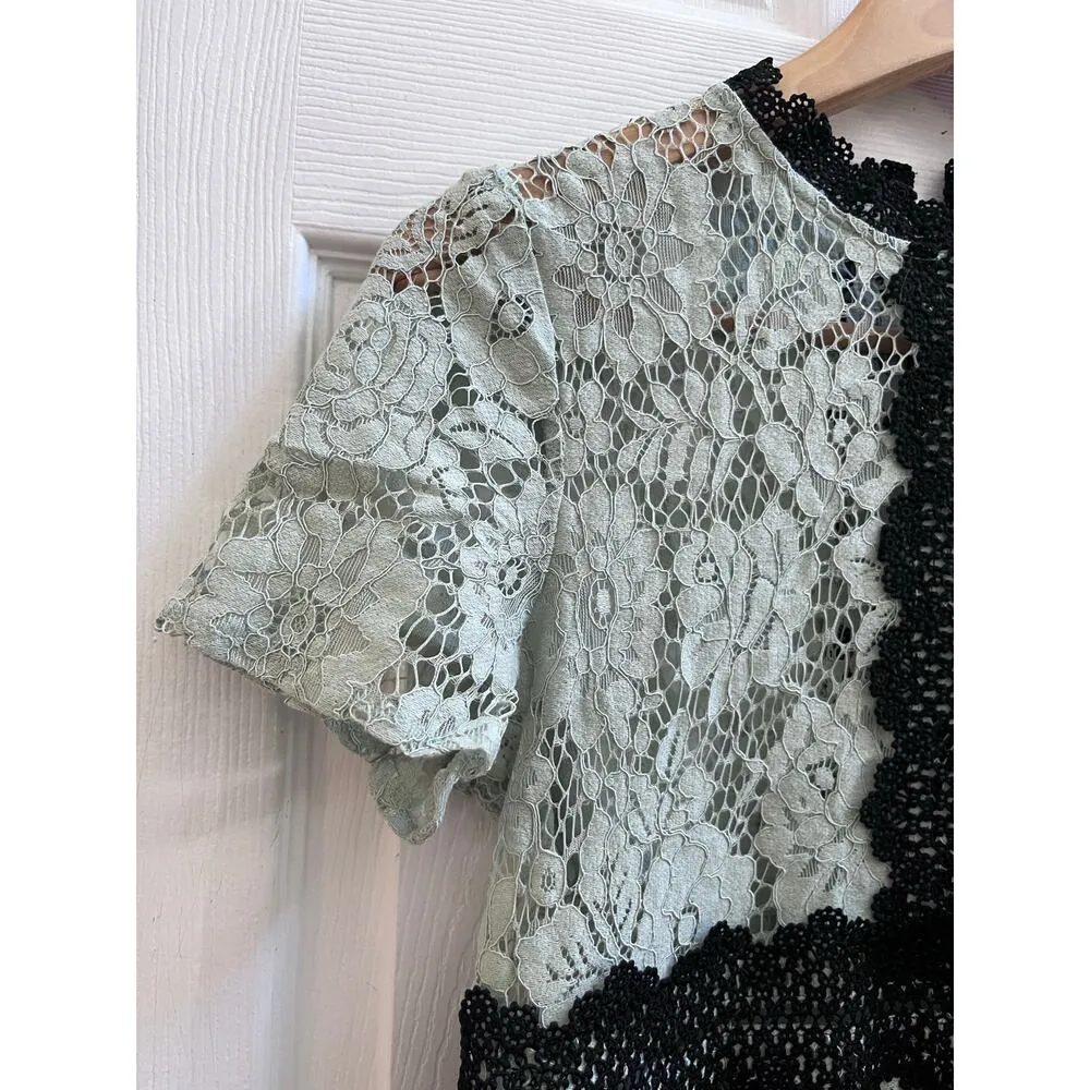 Zara Seafoam Green Black Crochet Embroidered Detail Sheer Peplum Blouse Small - Image 6