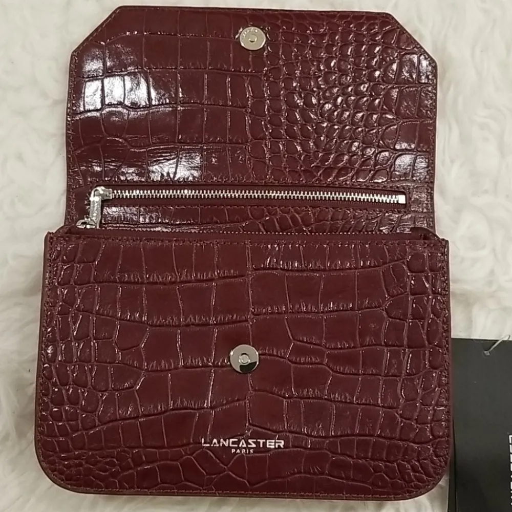 đź’•LANCASTER PARISđź’• Exotic Croco Leather Clutch ~ Bordeaux NWT Brown - Image 11