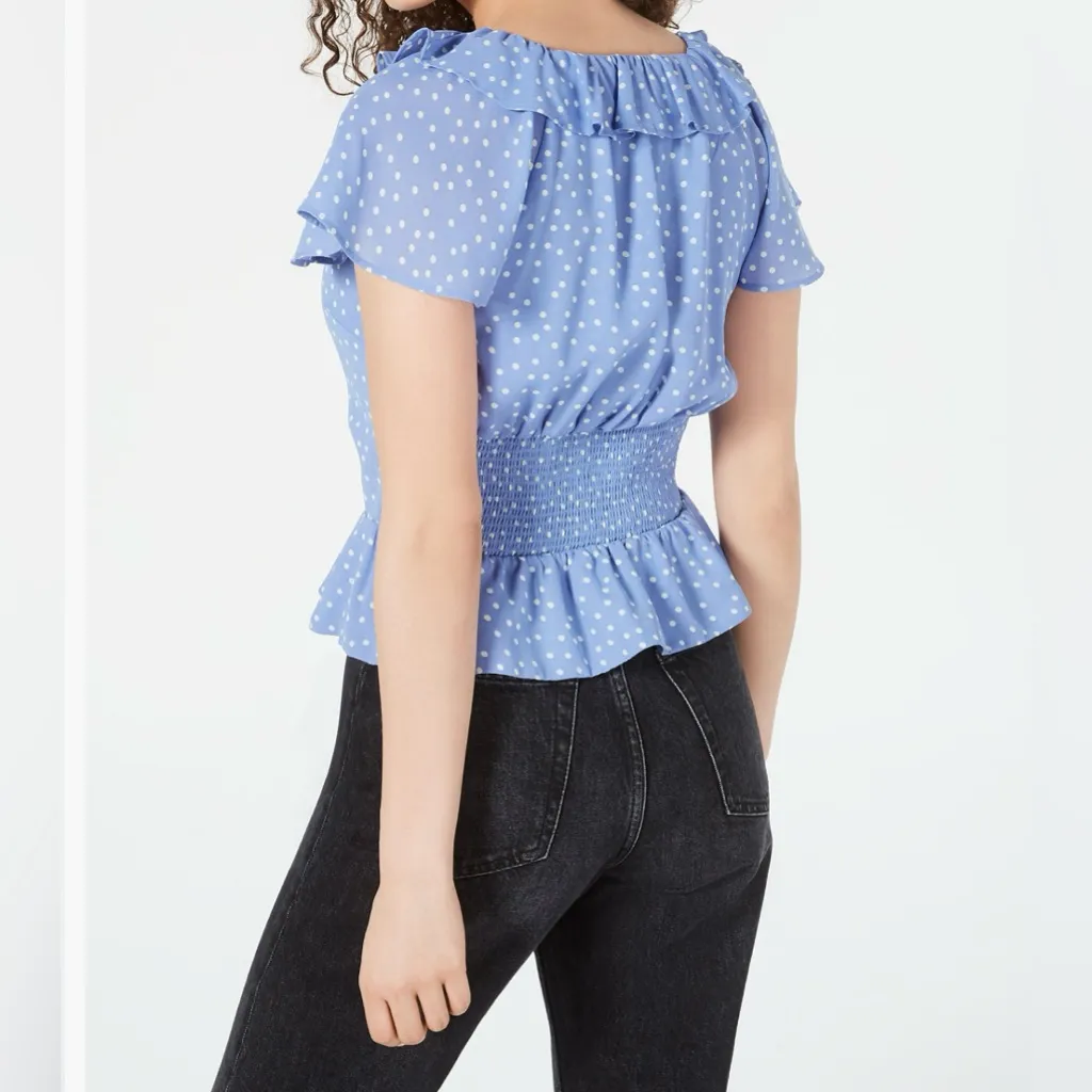 PLANET GOLD Ruffled Peplum Polka Dot Blue Top - Image 2