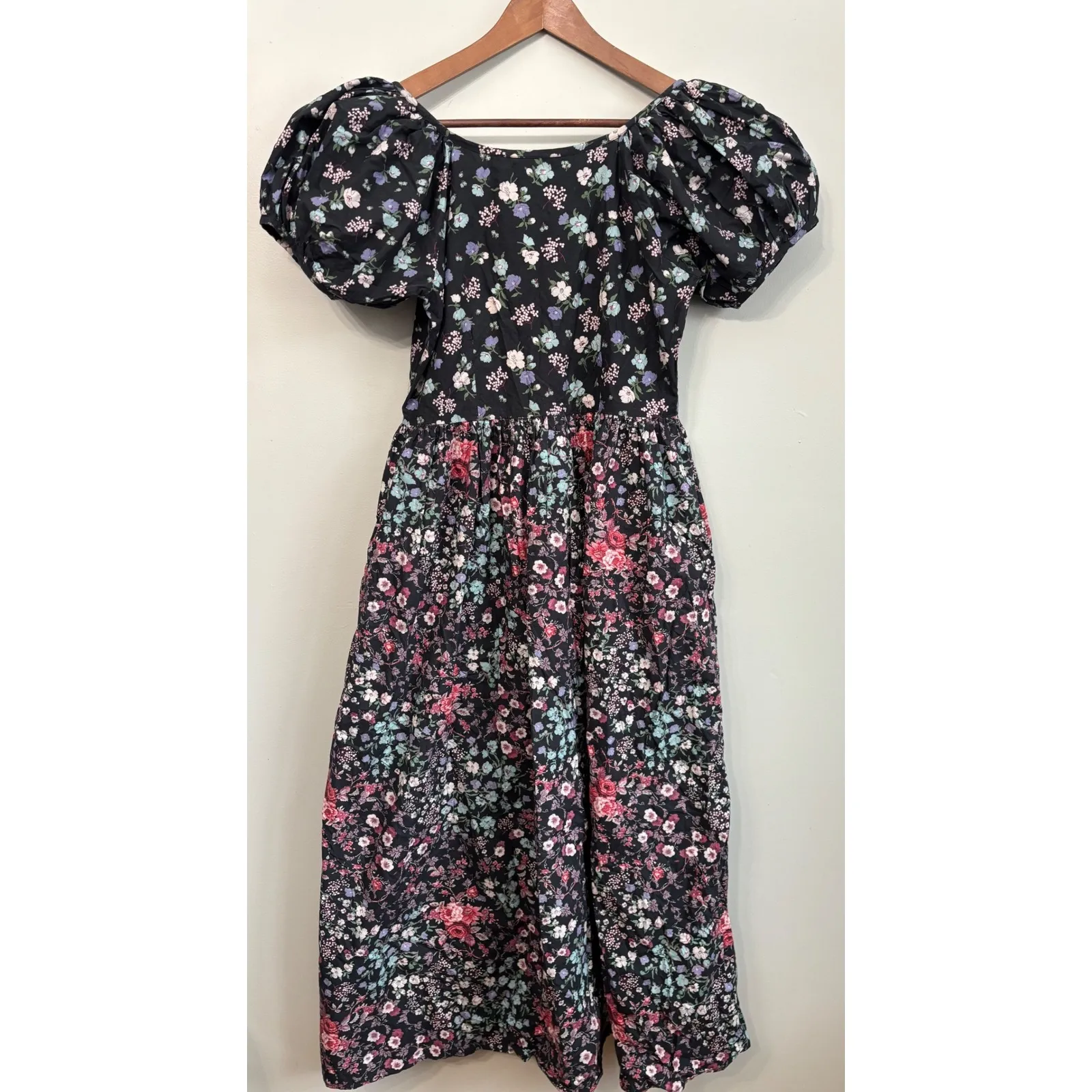 Love Shack Fancy Dress 4 Lais Floral Puff Sleeve Midi Black Pink Blue - Image 6