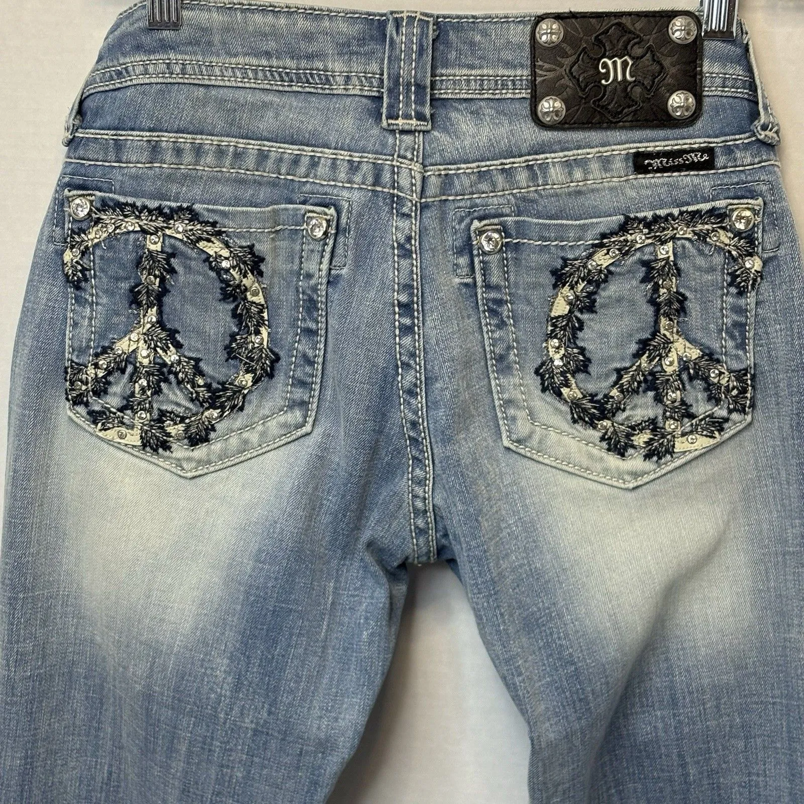 Miss Me JP356F2R Flare Women’s Light Wash Peace Sign Denim Jeans 30x33 - Image 6