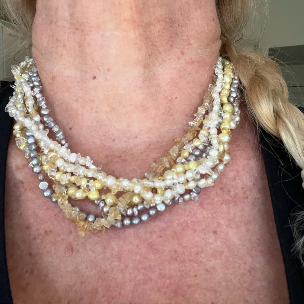 Faux multi colored pear beaded necklace multi strands yellow white gray - Image 3