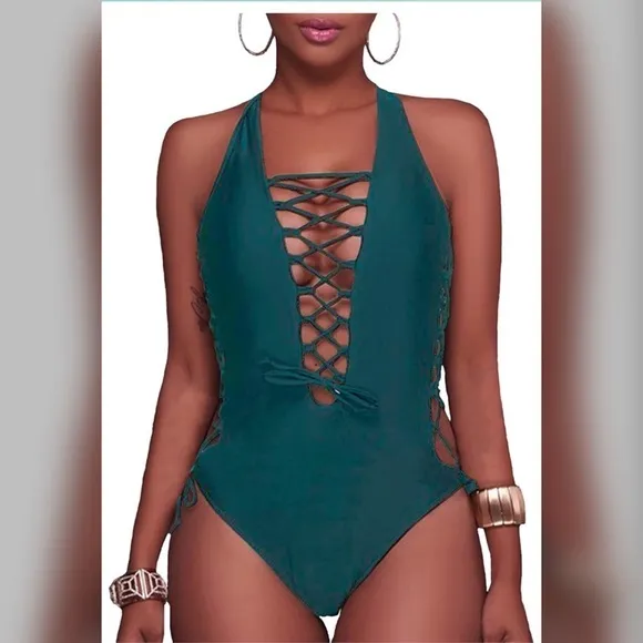 Sexy 1 Piece Lace up Monokini Plunge Backl… - Image 4
