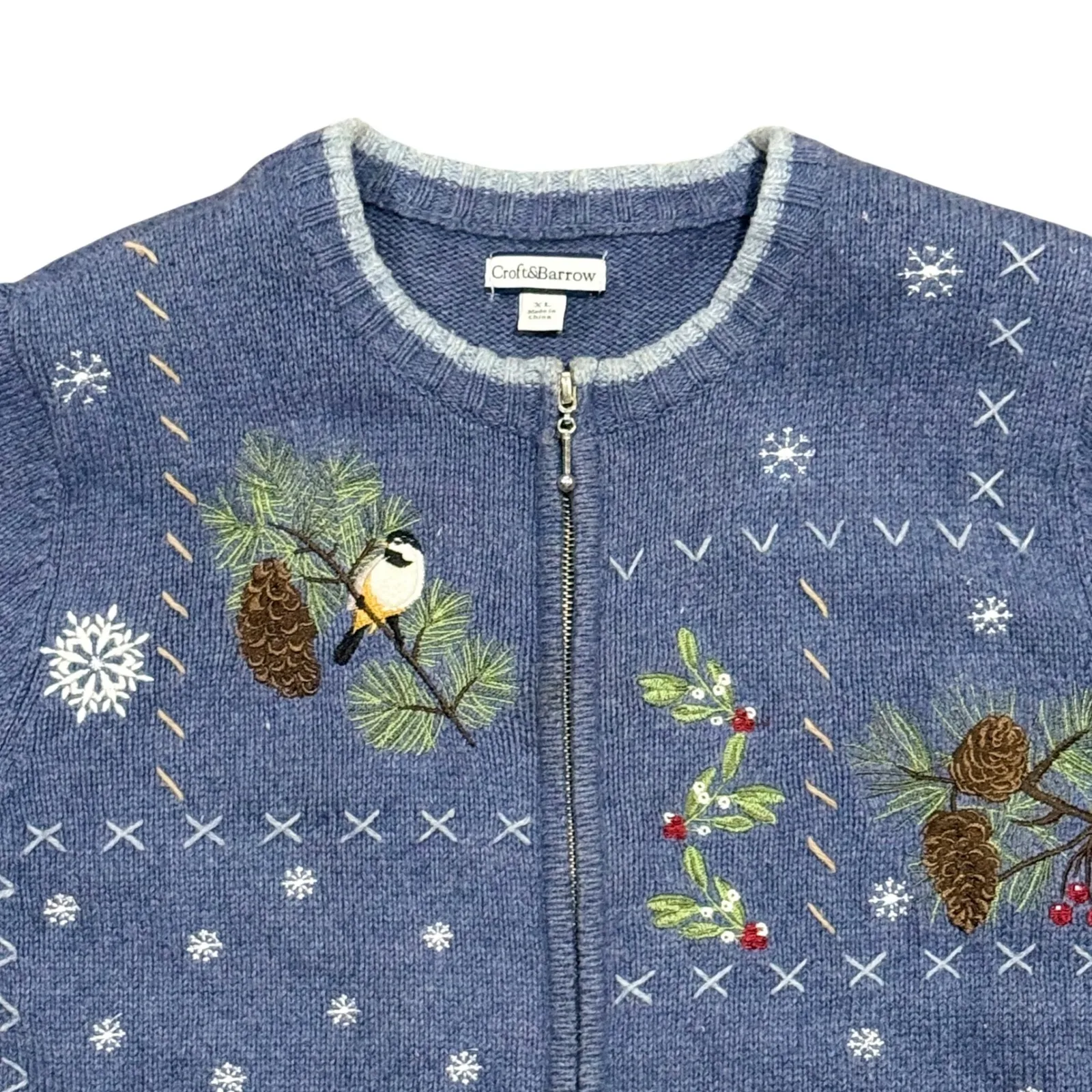 VTG Croft & Barrow Navy Cardinal Embroidered Zip Up Cardigan Sweater Womens XL - Image 2