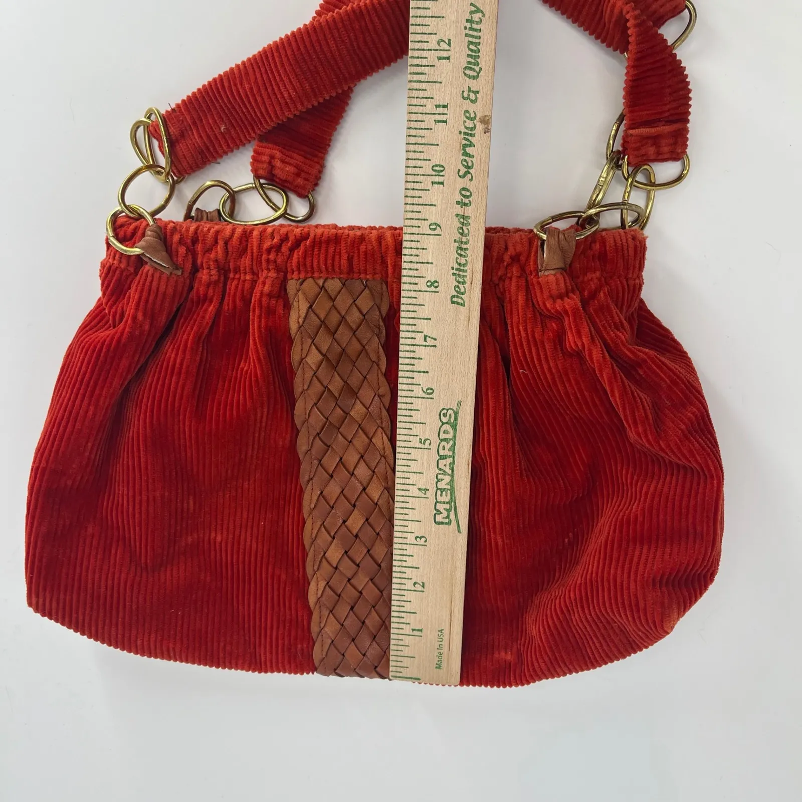 Vtg‎ Myna by Emily & Margaret Orange Corduroy Woven Detail Shoulder Bag Red - Image 8