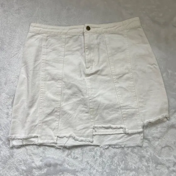 Lily Rain Women's White 100% Cotton Raw Asymmetrical Hem Jean Mini‎ Skirt Sz Med - Image 9
