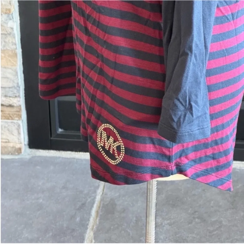 MICHAEL Michael Kors Navy and Burgundy Striped Long Sleeve Tee Blue Size L - Image 11
