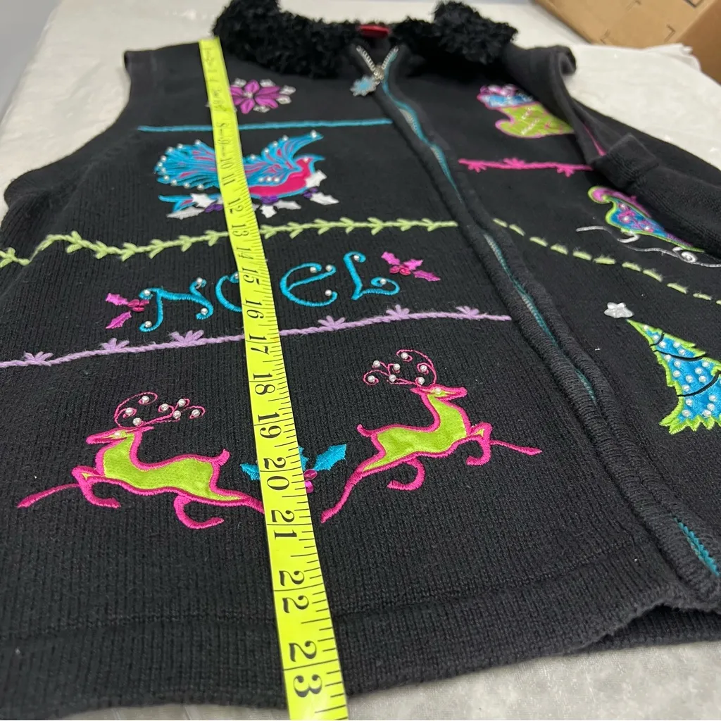 Merry & Bright Christmas black xl holiday Vest full zip sequin embroidered Noel - Image 5