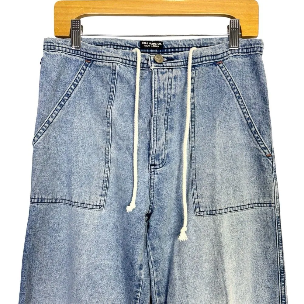 Vintage Polo Ralph Lauren Drawstring Wide Leg Jeans Womens 8 Utility Button Fly - Image 3