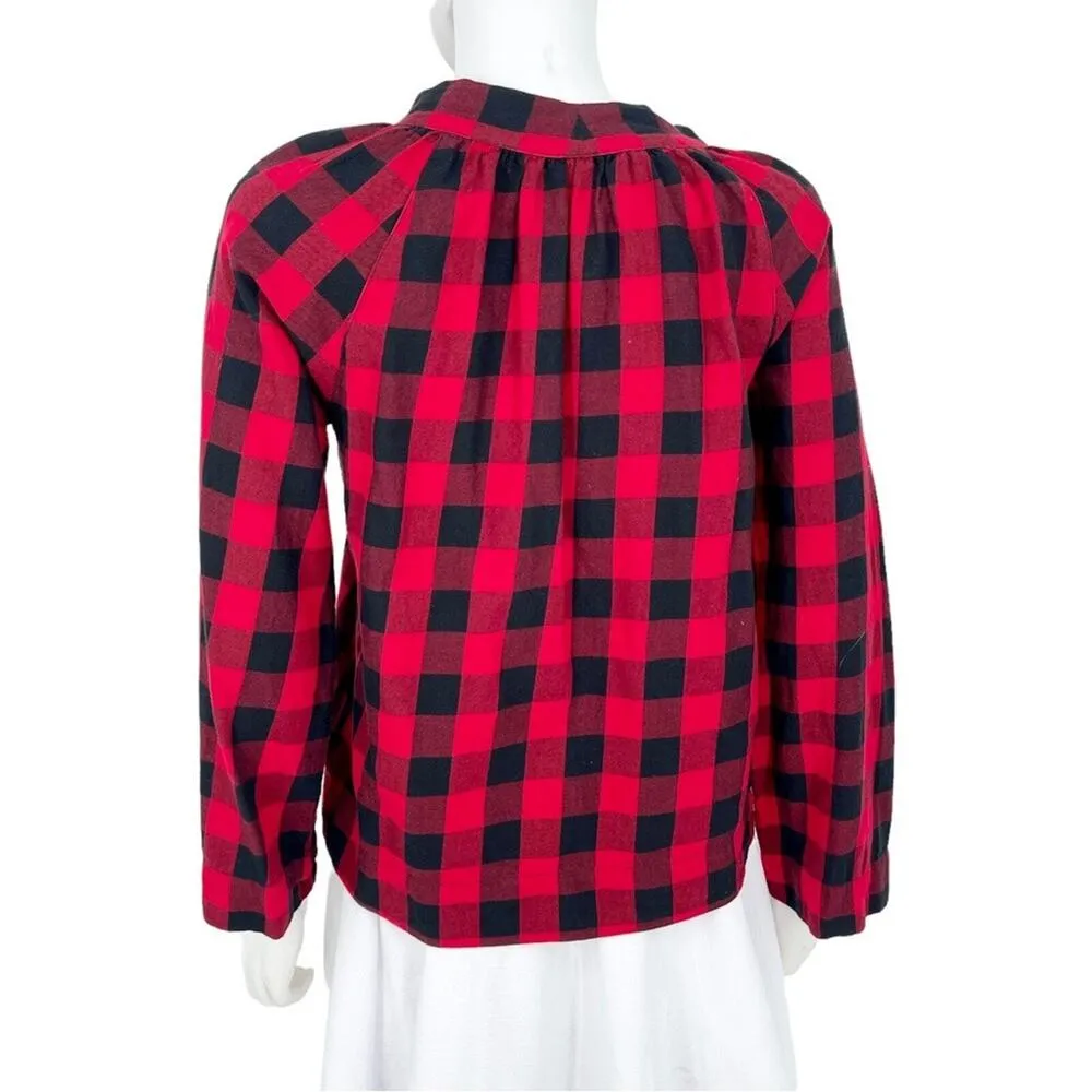 MADEWELL Top Women Size XS Buffalo Plaid Flannel Checkered Tie Front Deep V Neck - Image 3