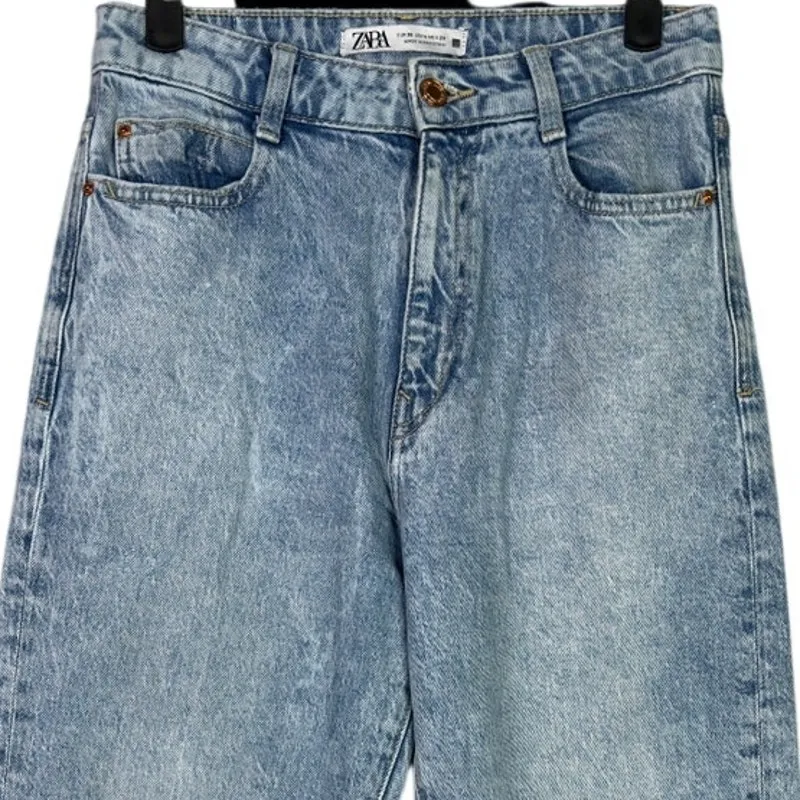 Zara Straight Wide Leg High Rise Ankle Crop Casual Denim Jean Stretch 4 Blue - Image 2