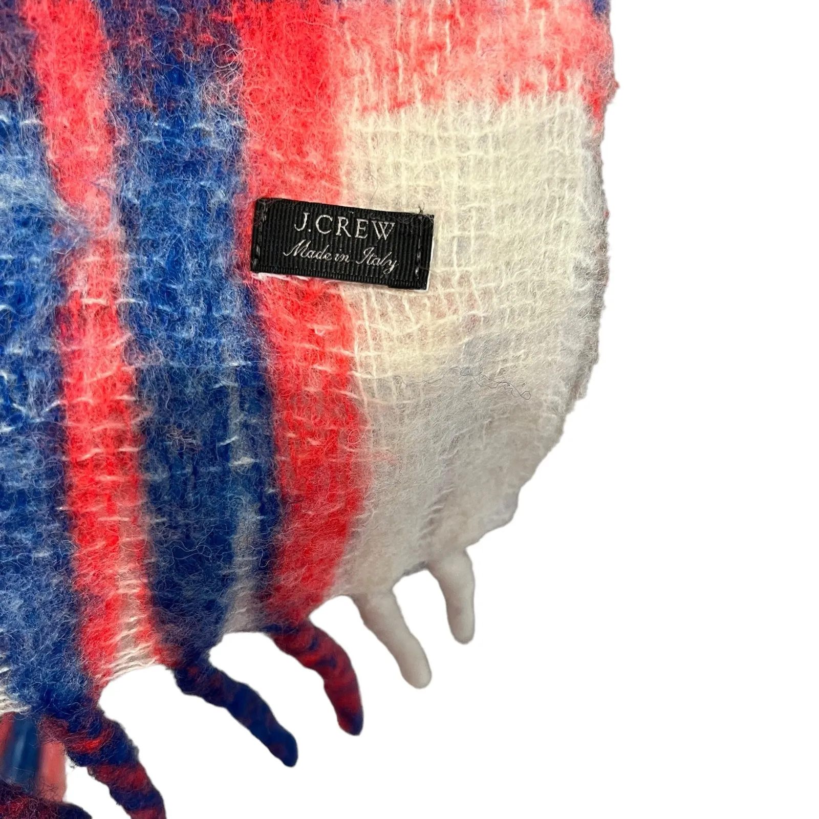 J.Crew Unisex Red Blue Plaid Winter Scarf with Fringe Wool Blend 80" x 18" - Image 5
