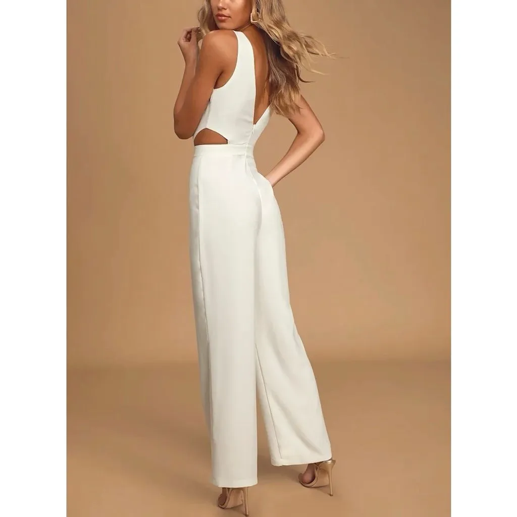 NWT Lulus Women's White Sleeveless Wide-Leg Cutout Jumpsuit Size S Cocktail - Image 3