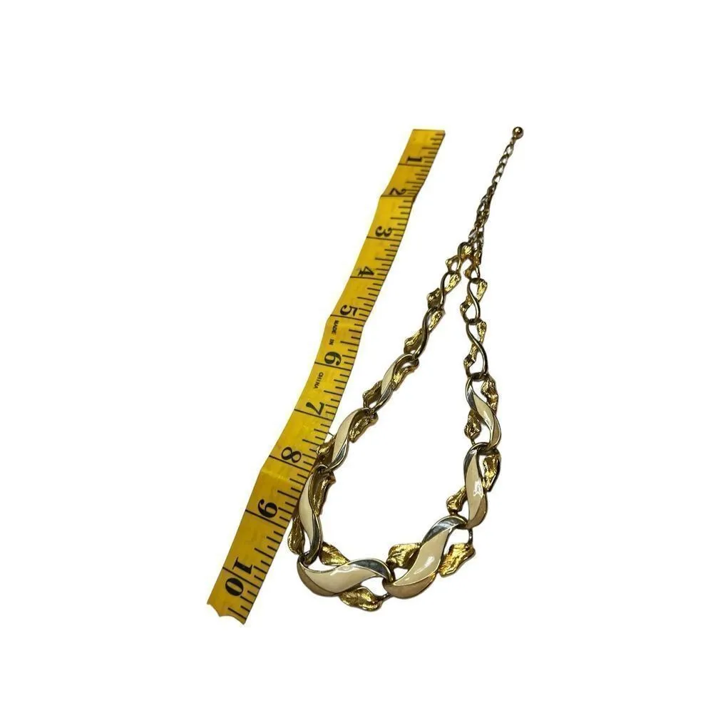 Trifari signed gold and creme colored leaf linked statement necklace - Image 6