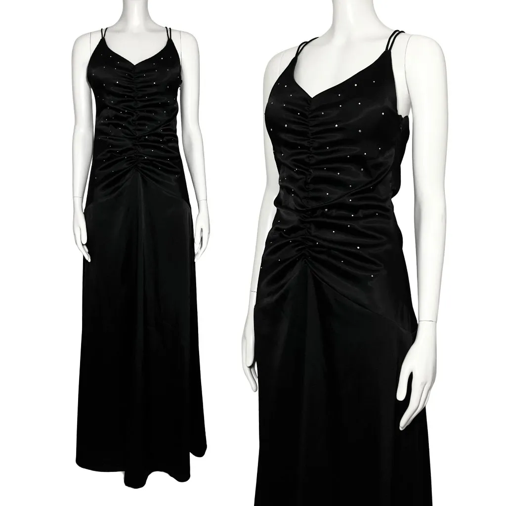 Vintage Y2K Black Trumpet Ruched Formal Long Dress Rhinestones XS/S Prom Glam - Image 2
