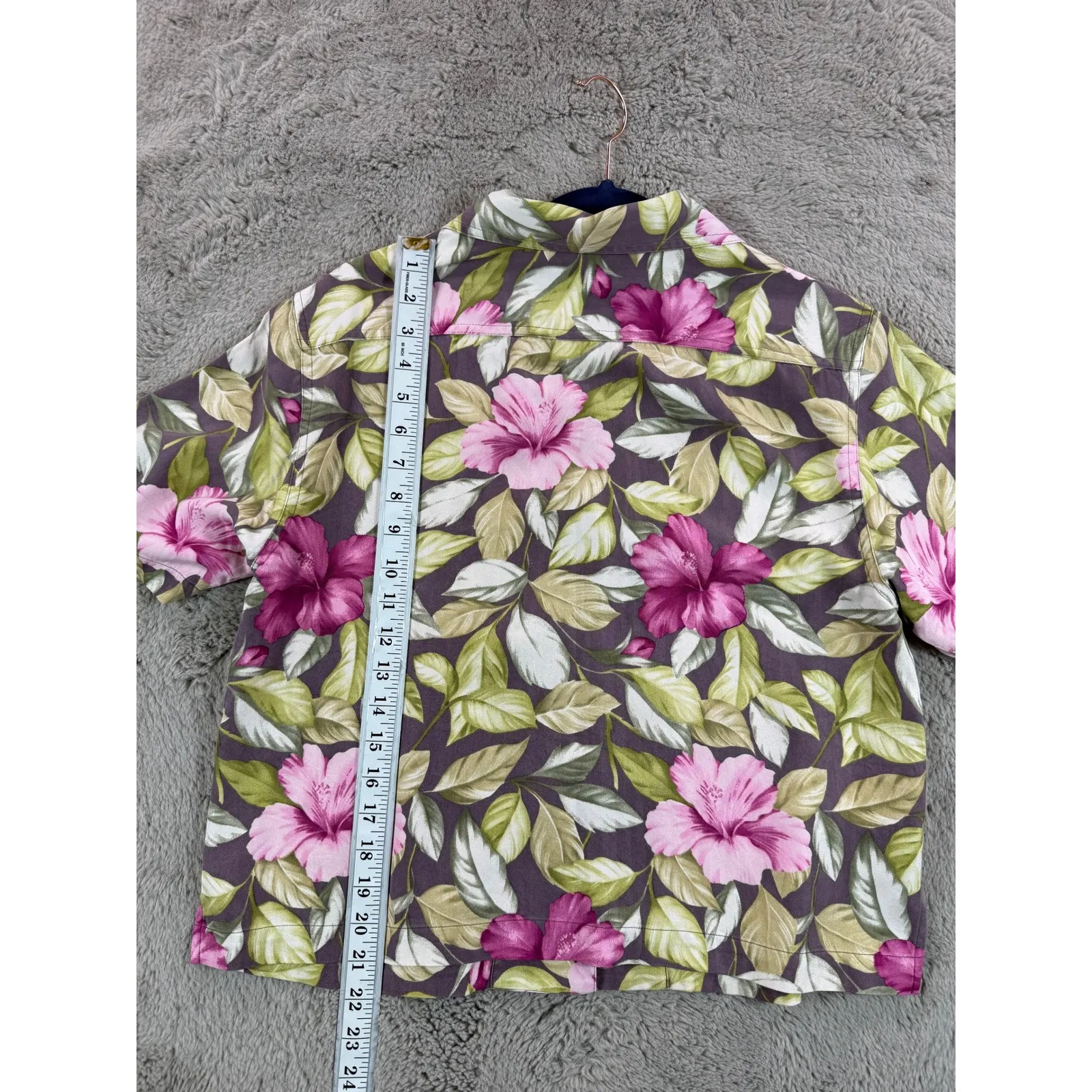 Vtg Tommy Bahama Silk Button Up Blouse Purple Pink Floral Short Sleeve Women's M - Image 3