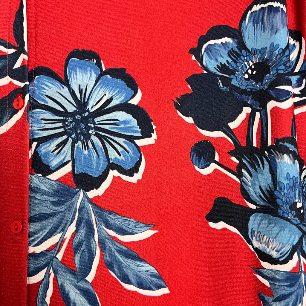 Zara Red Floral Button Front Long Sleeves Midi Dress Medium‎ - Image 6