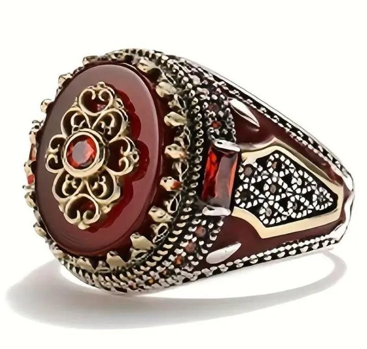 Vintage Silvery Crown Y2K Ring Size 9 Engraved Print Red Gothic - Image 2