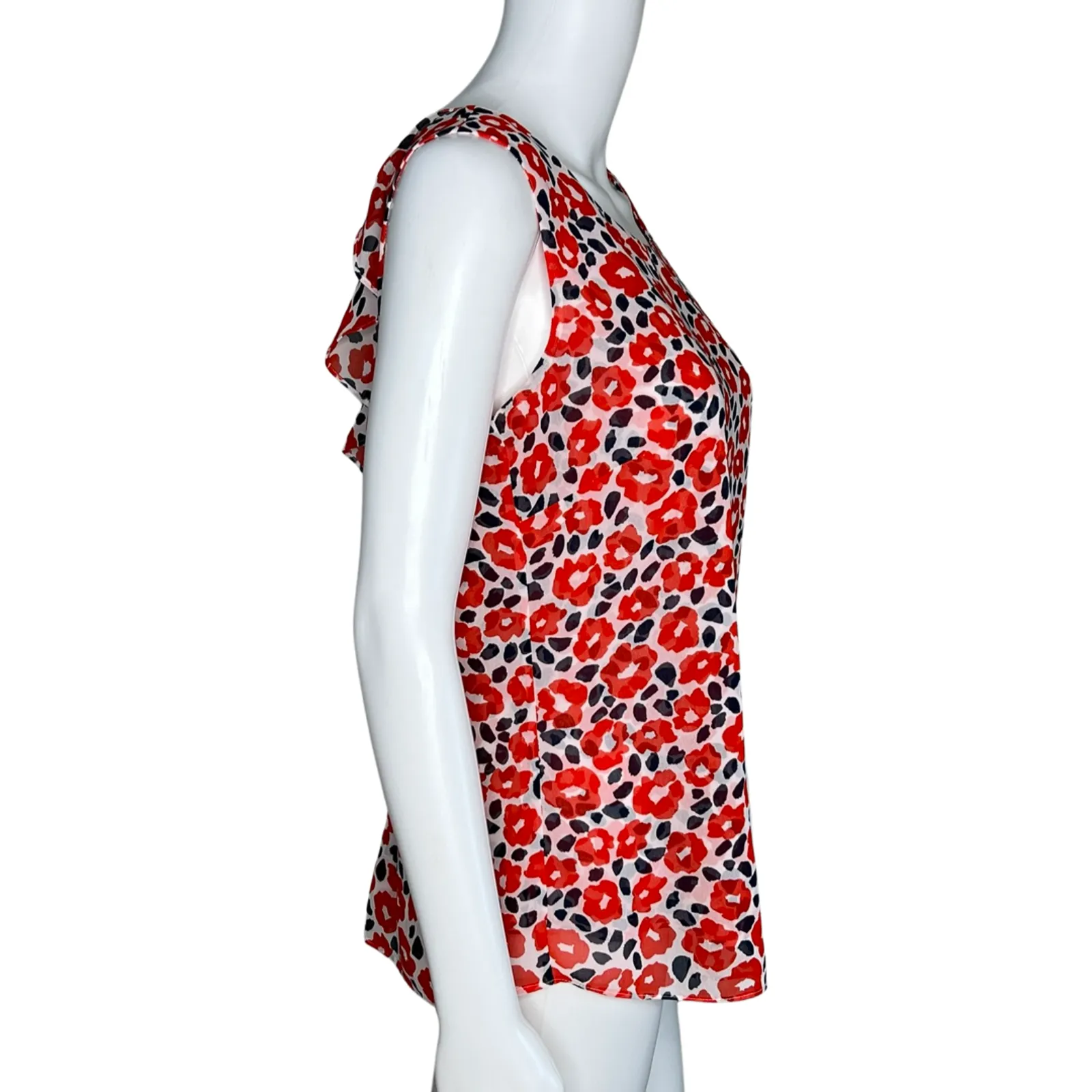 Cabi Shirt Womens Small Red White Floral Flipside Blouse Ruffle Trim Work Casual - Image 2