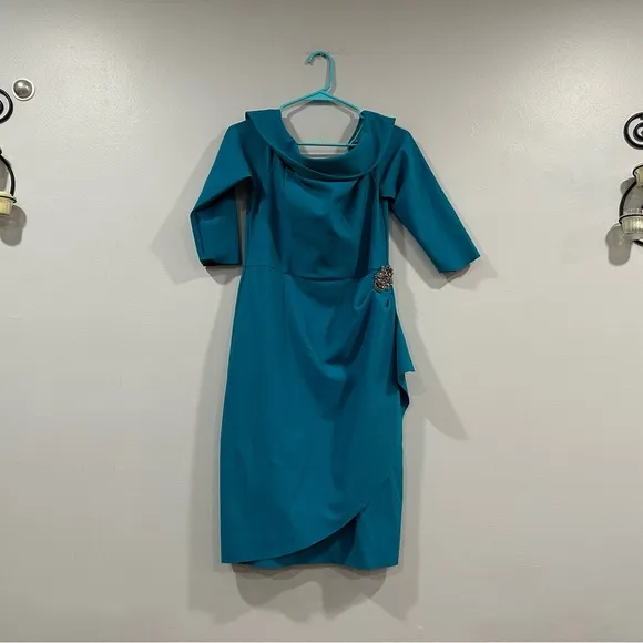Boston Proper  Teal Ruched 3/4 Sleeve Dress Size 10 - Image 2