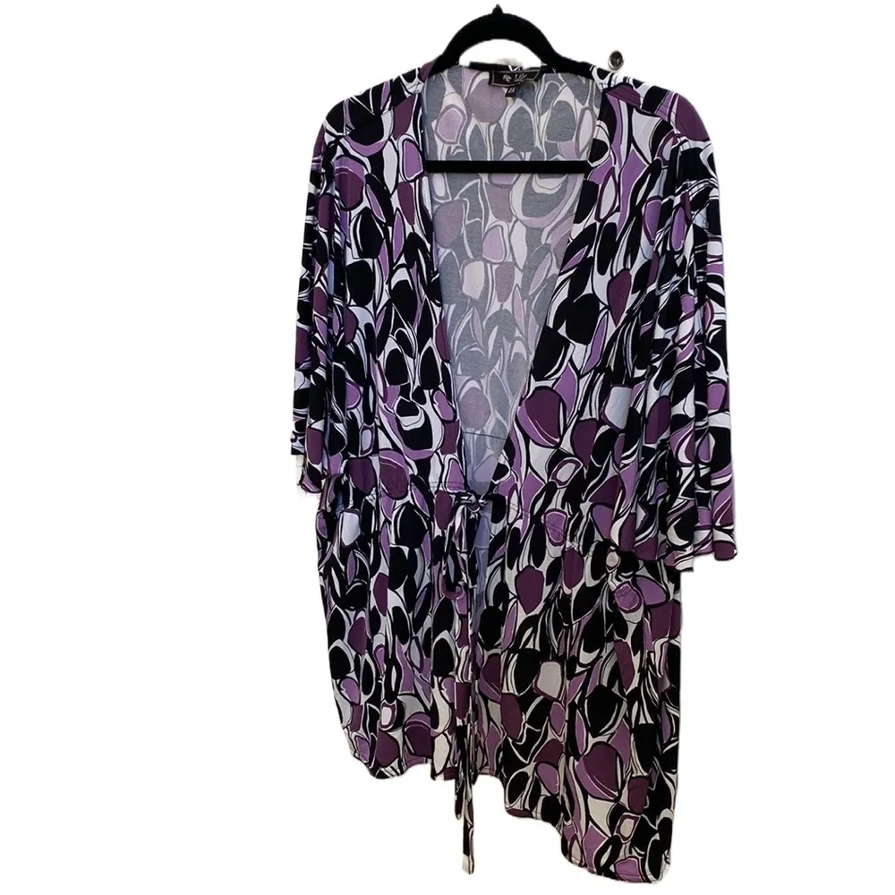 Lily 🖤💜🤍 Geometric Retro Patterned Long Open Topper, Elastic Waist Front Tie Purple Size 2X - Image 2