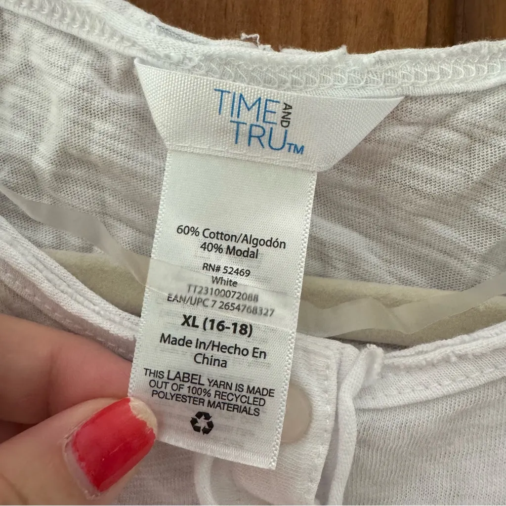 Time & Tru Henley Tank Top Women’s XL 16-18 White Fashion Raw Edge Detail - Image 2