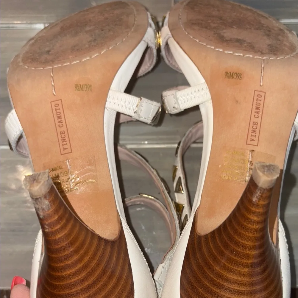 Vince Camuto White Mikal Leather Heeled Sandals w/ Gold Studs & Zipper Back EUC - Image 16