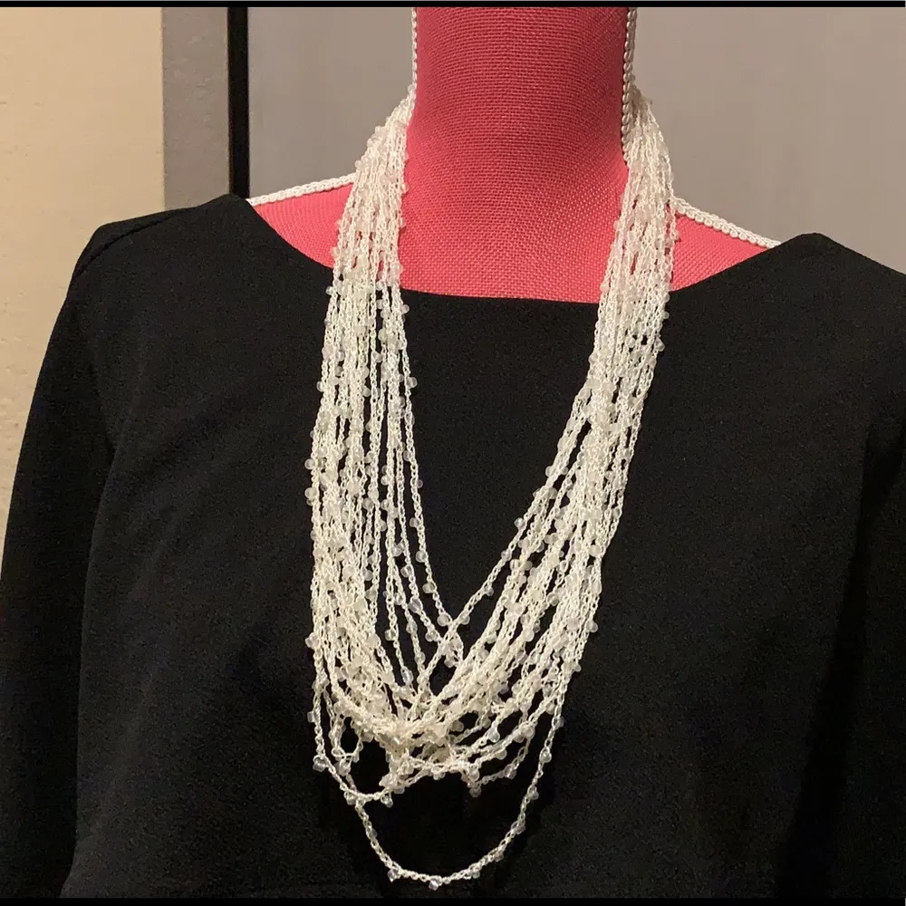 Hand crocheted scarf necklace in white multi strand beaded - Image 2