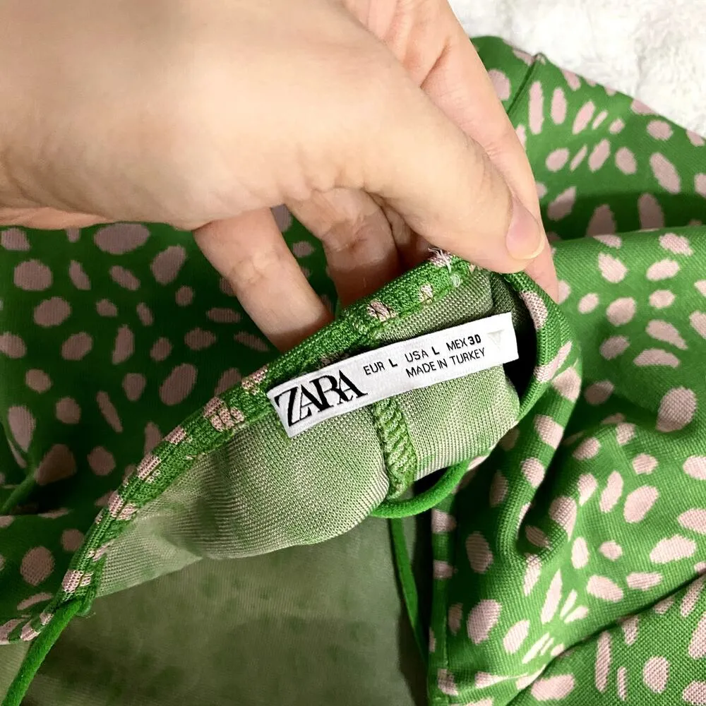 Zara Green Pink Jacquard Spaghetti Straps Straight Neck Fitted Midi Dress L - Image 6