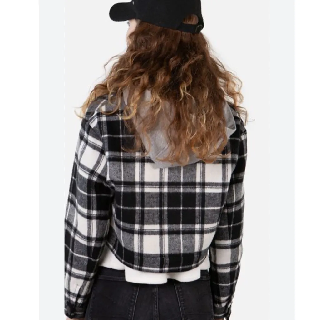Zara Black and White Plaid Cropped Bomber Jacket - Image 5