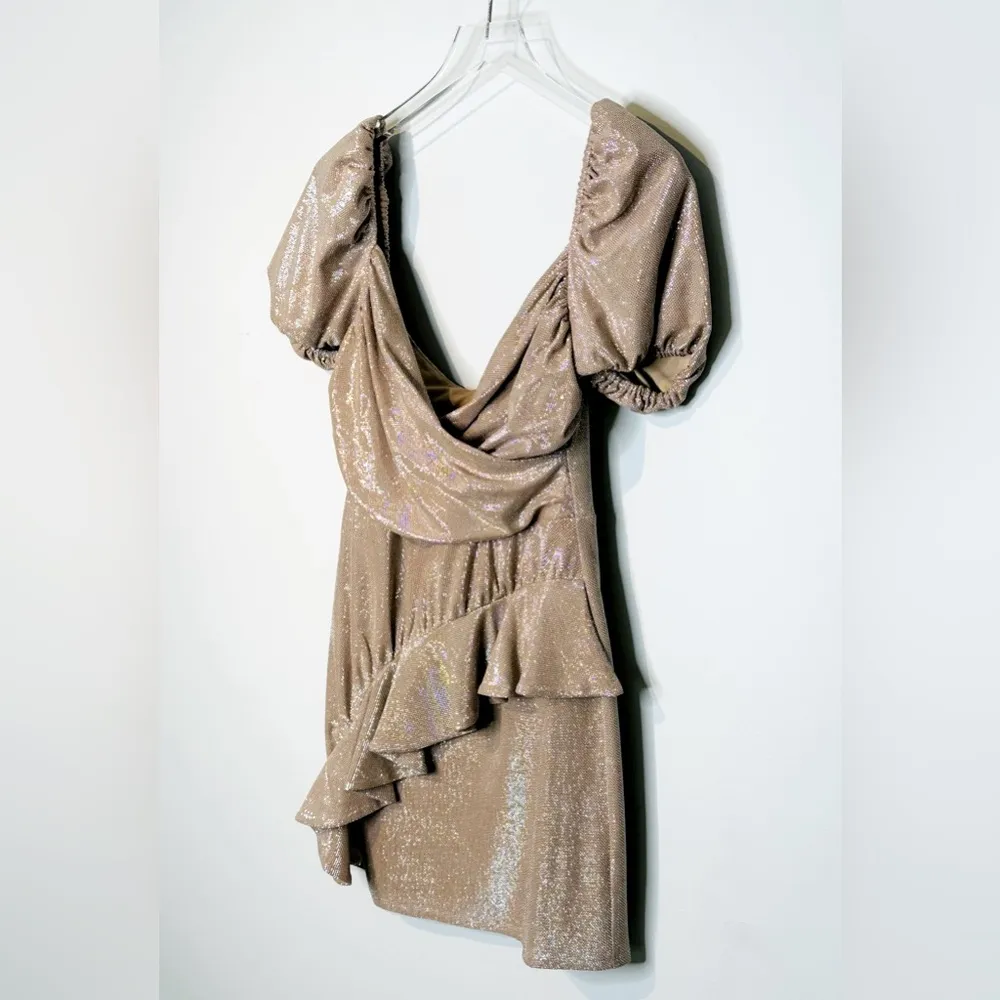 Tularosa Zina Tan Nude Metallic Silver Puff Sleeve Knit Mini Dress Size M NWT - Image 6