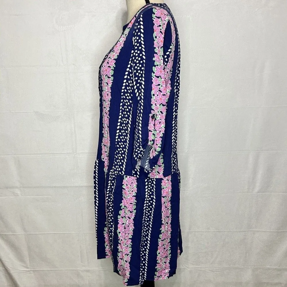 Southern Tide Blue Floral Longsleeve Dress V- Neck Roll-Tab Sleeve Sz S - Image 4