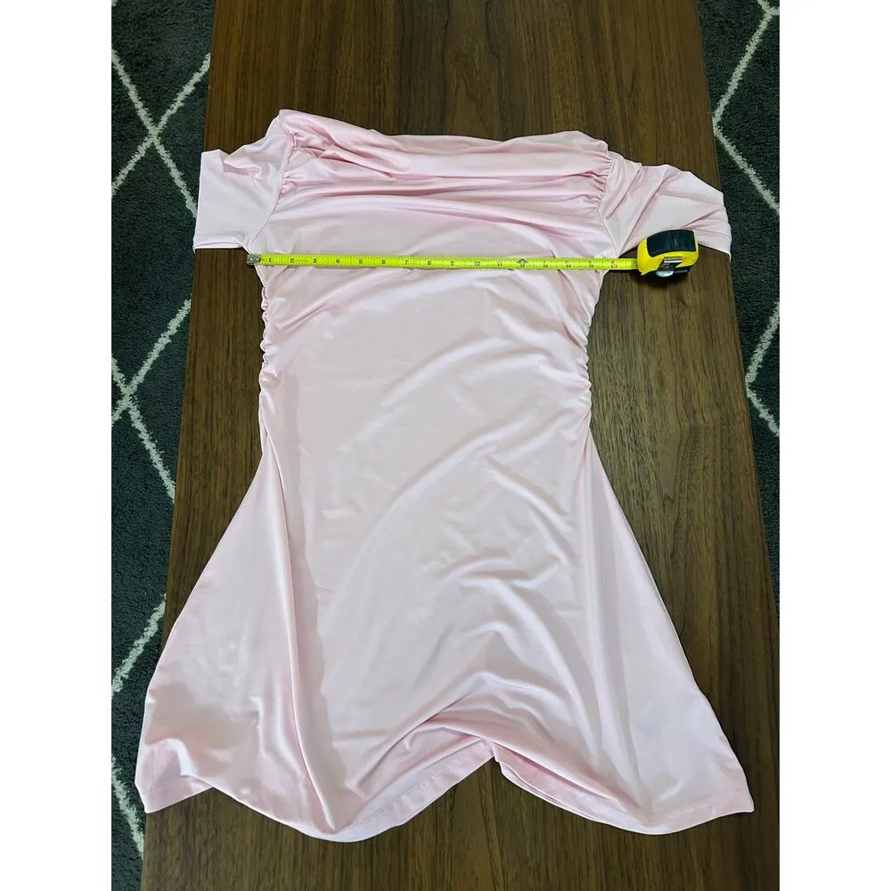 Edikted  Leena Ruched Off the Shoulder Long Sleeve Minidress in Pink Size Large - Image 7