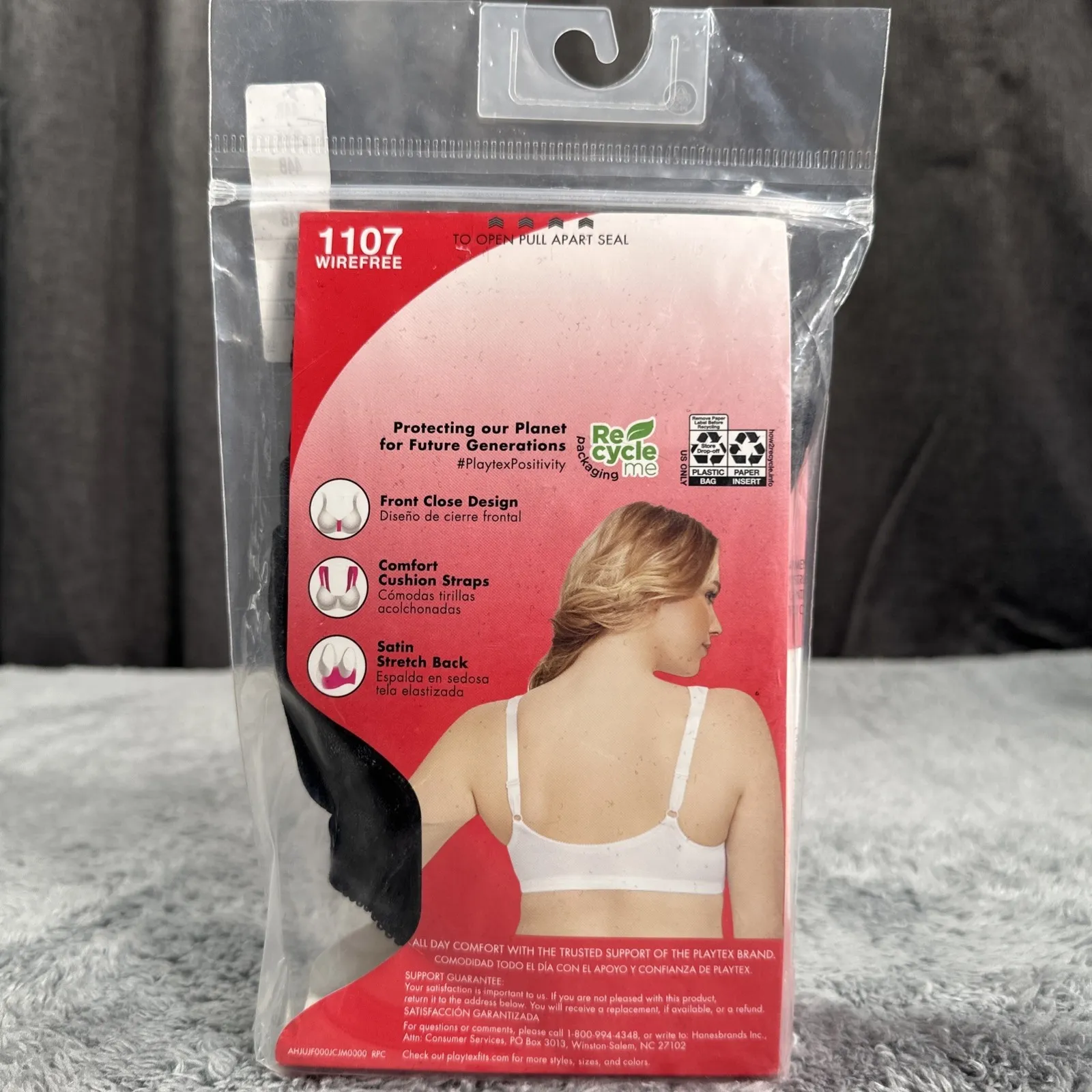 NWT Playtex Just My Size Bra 1107 44B Easy-On Front Close Wirefree Comfort Black - Image 4