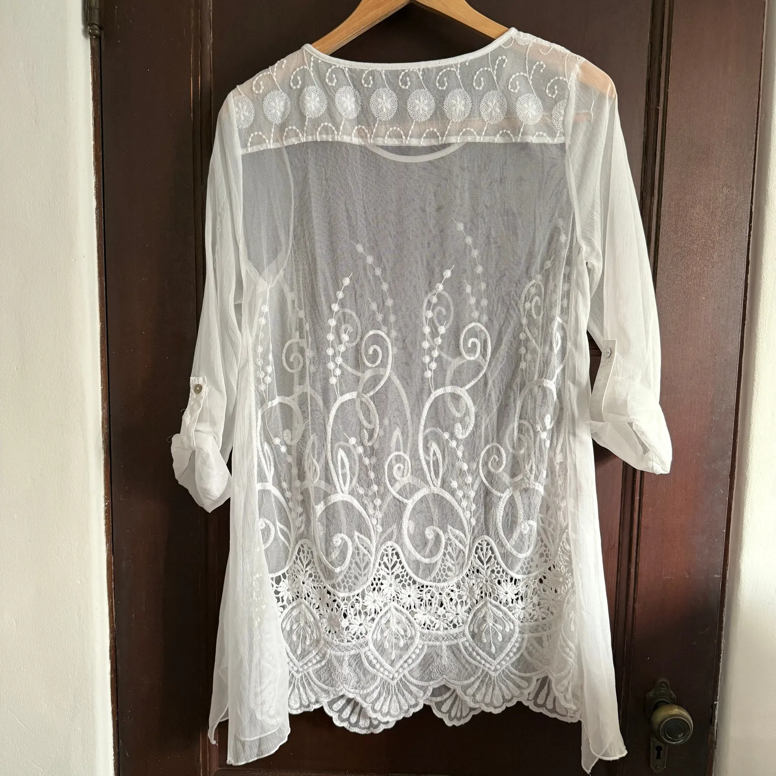 White Sheer Embroidered Mesh Roll Sleeve Swim Cover up Tunic | Large - Image 4